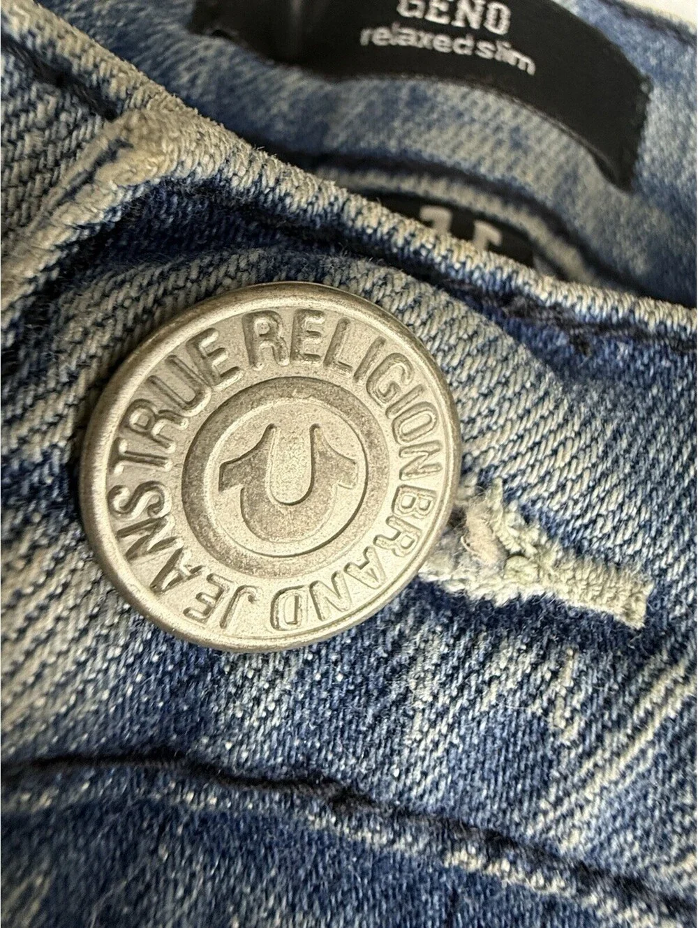 True Religion Men’s Blue Light Wash Relaxed Slim Distressed Mid Rise Jeans